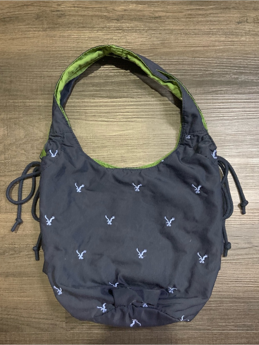 American Eagle Navy Blue Shoulder Tote with Green Lining and Embroidered Birds